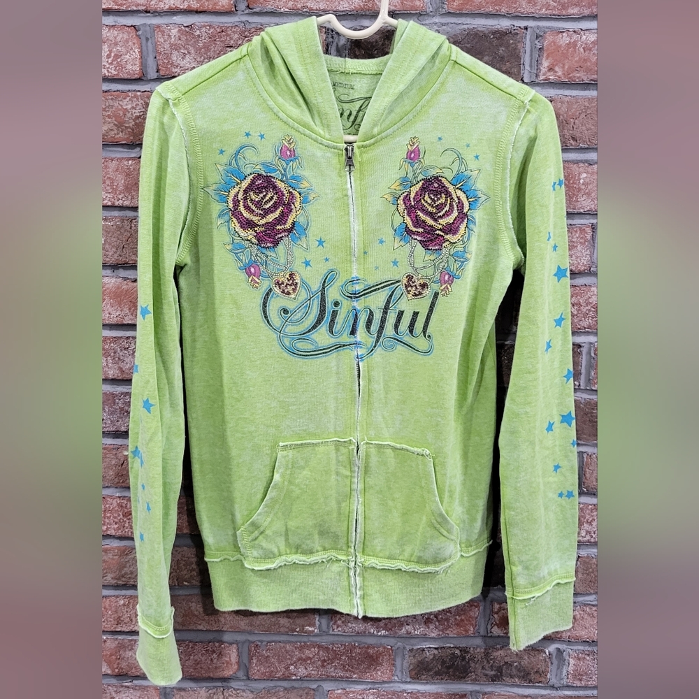 Buckle Sinful by Affliction Full Zip Sweatshirt Green Roses - Medium